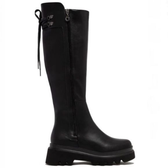 !! NEW !! Black Knee High Side Zip Combat Boots - Picture 6 of 7